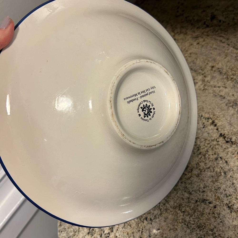 Le Souk Ceramique 12”Round serving Bowl, Made in Tunisia, White, Blue, - Picture 4 of 8